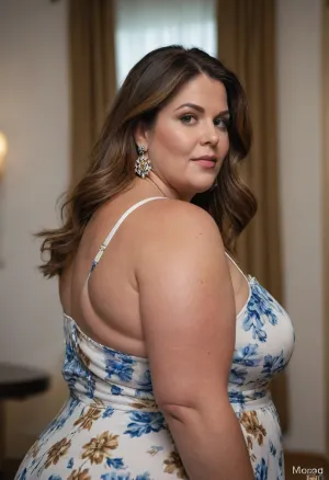 Lubica stepaunt, Obese mature woman, long brown hair with highlights, mature fat ssbbw milf, fat, bbw, 65 years old, sleeveless spaghetti strap blue floral print white dress, earrings, backgroung of a room, highres, extremely detailed, 8k photo, best quality, beautiful lighting, natural light, realistic, erotic, photorealistic, photo, photography, detailed, in focus, UHD 8k focus stacking, <lora:cockteaseLoRASDXL:1.1>