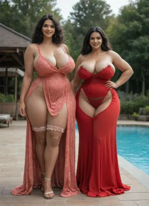 two 40 year old woman, two woman, very tall woman, large waist area, (two tall and large thigh curvy woman:1.7), very healthy tits, (dark skinned woman:1.1), wide hips, round buttocks, (smiling:1.3), chubby, (Layers for Straight black Hair:1.4), full lips, full length, (They are wearing sexy indian dresses:1.8), sexy, (sexy large cleavage area:1.6), laugh out loud, Casual, (big saggy breasts:1.9), (red lace panties:1.4), not nude, not naked, (bridal garter:1.4), Walking on the poolside, Casual poolside walk, Strolling along the poolside, poolside walk, Their face is looking at the viewer, eyes looking at the viewer
