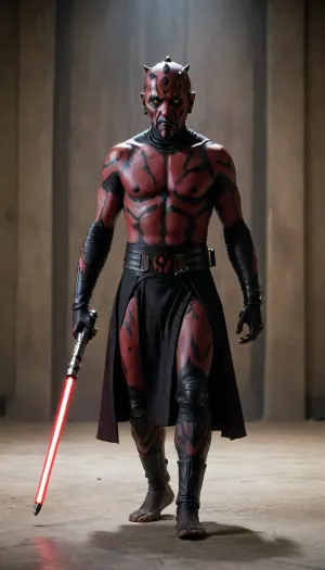 cinematic film still of, Darth Maul a man with full body and a red skin holding a Lightdualsaber Lance in star wars universe, barefoot, Nude body, bottomless, Full body, full body view, shallow depth of field, vignette, highly detailed, high budget, bokeh, cinemascope, moody, epic, gorgeous, film grain, grainy, Darth, Maul, erect-penis, man, testicles, erection, <lora:Rey:1.2>, <lora:255700_training_data:.8>