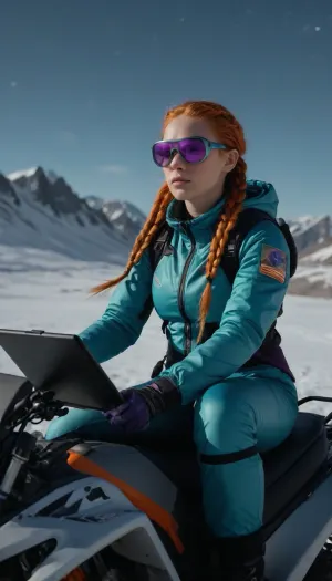 A woman-cartographer, 25 yo, with auburn braids, sitting on ATV, on a windswept alien snow montains, confidently painting an electronic map on her tablet. In holographic biker glasses. Gloves. Her teal survival suit shows wear. The alien sky is violet, orange, and indigo. The scene is a dramatic, low-angle medium shot, emphasizing her small figure against the vast, rocky landscape. The style is science fiction photorealism.