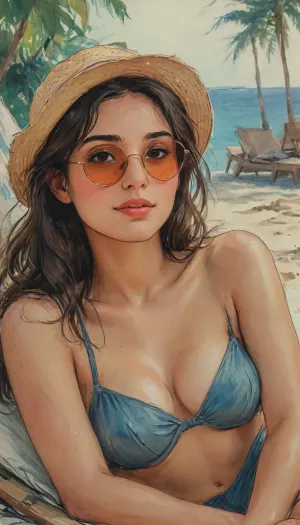 A hand-drawn illustration of an indian women, detailed sketch style, soft muted colors, expressive pencil and watercolor textures, fine line art, intricate shading., (The women is wearing swim suit, straw hat, sun glasses, with long Messy hairstyle, elegant and graceful), looking tender. Lying forward in an sun lounger. Gentle, intimate pose, mild smile. Warm, emotional atmosphere, cinematic composition, artistic and aesthetic, romantic_couple_poses, j_cartoon, zavy-ctflt, drawing, <lora:J_cartoon:2>, <lora:zavy-ctflt-sdxl:2>, <lora:Eldritch_SketchDraw:.4>