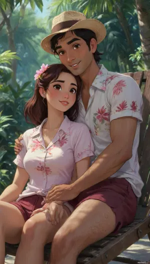 A anime illustration of an, (indian couple), husband and wife, detailed anime style, soft muted colors, expressive anime textures, fine anime art, intricate shading., (The husband is wearing white Hawaiian Shirt, with maroon shorts, straw hat, sun glasses), (the wife wearing traditional pink churidar, with long Messy hairstyle, elegant and graceful), looking tender. Hugging each other, Lying forward in an sun lounger. Gentle, intimate pose, mild smile. Warm, emotional atmosphere, cinematic composition, artistic and aesthetic, j_cartoon, zavy-ctflt, drawing, ac_neg1, <lora:J_cartoon:.6>, <lora:zavy-ctflt-sdxl:.6>, <lora:aesthetic_anime_v1s:.6>