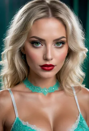 super realistic photography, perfect lighting, (best shadow), 8K, UHD, clear image, (best lighting), highest quality, super detailed images, fine details, high resolution, 8k, masterpiece, ((full body portrait:1.8)), very attractive 40 year old woman, white lace bra, white lace choker, massive breasts, long wavy white blonde hair, huge green eyes, very long false eye lashes, dark eye liner, tiny nose, full plump lips, shiny dark red lipstick, full make-up, green, eyes, blue, brown, perfecteyes, <lora:SDXLFaeTastic2400:2>, <lora:PerfectEyesXL:2>