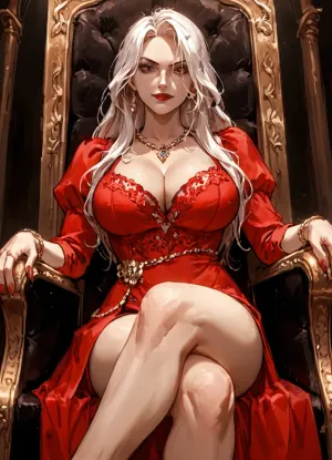 score_9, score_8_up, score_7_up, 1girl, cowboy shot, solo, karmilla, long hair, cleavage, huge breasts, pauldrons, red lips, red dress, sitting on throne, crossed legs, smirk, red nails, fingernails, from below, SOTN, (<lora:sotn32:1.2>)
