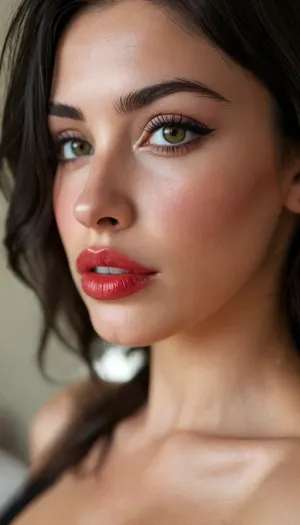 ziprealism, (30yo, intimate sensual esthetic, offset composition), (seductive sensual expression, sensual gaze, soft teasing smirk:1.2), (f/2.8, shallow depth of field, subtle bokeh), (loose closeup shot, view from side, focus on lips:1.8), (sleek glossy black hair, straight long hair, hair obscuring face, dark full eyebrows:1.4), (slender athletic body), (soft pillowed lips, moist lips, vibrant red lipstick:1.4), (natural skin texture, long thick eyelashes:1.2), (cozy bedroom), (large teardrop breasts, soft breasts, pale nipples:1.2), (strong defined jawline, large expressive eyes, catchlights), igbaddie, <lora:igbaddie-XL:.4>, <lora:style_lora_realis:.8>