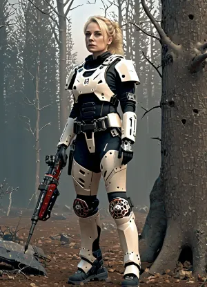 Modern colored pencil sketch {, (full body:1.5), ((Post-apocalyptic dead forest)), (female inventor:1.3), (in exoskeleton:1.7), blonde, pigtails, armor, rifle, cyber decorations on face, ((determined expression:1.1)), (realistic details:1.2), highly detailed, skin texture, fabric texture, metal texture, volumetric lighting, bright lighting, dead forest, cinematic lighting, (rendered in Octane:1.1), Unreal Engine 5, 8k, photorealistic, high quality, (photography:1.1), }, contrast, tone, texture, details, stylish, elegant