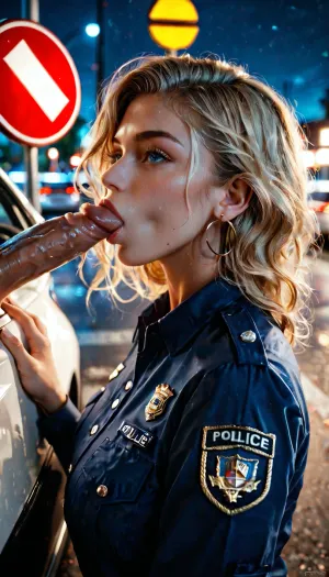 Blonde shoulder length hair blue eyes girl cop in uniform sucking dick at a traffic stop at night in the red and blue lights of the police car
