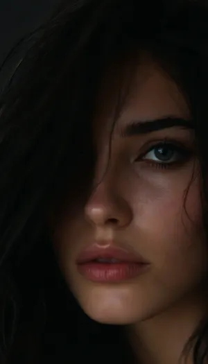 ziprealism, (sensual noir esthetic, stunning noir woman), (f/2.8, shallow depth of field), (closeup shot, lips focus:1.2), (glossy black hair, dark full eyebrows:1.4), (loosely falling hair, loose hair obscuring face, loose hair hiding eye:1.8), (full lips, soft pillowed lips, moist glossy lips, natural skin texture, flawless pale skin:1.4), igbaddie, (dark scene, chiaroscuro, black background:1.8), <lora:style_lora_realis:.4>, <lora:igbaddie-XL:.4>, <lora:zavy-cntrst-sdxl:1.2>