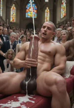 Muscular masculine Black Man during a wedding, dark skin, shaved head, nude, sitting in a crowded church, leaning back, head tilting back, masturbating, holding his thick hard veiny long equine cock, massive cock, dripping cum, people watching, audience, cum squirting, aerial cumshot, open mouth orgasm face, clothed people shocked watching, public, screaming, eyes closed, several watching in shock, close up, self sucking, self fellatio, bukkake facial, people crowd cheering, cum splattering on face, cum on mustache, bride watching in awe, cum sprays crowd, 4k