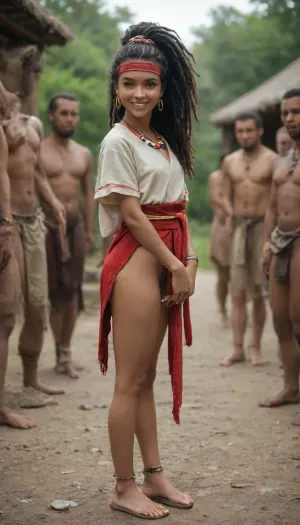 Young girl, slim body, detailed sexy legs, medium chest, skin tight kimono opened, Japanse queen jewelry, long massive dreadlocks hair, very light platinum blond, Japanse headband, big smile, barefoor, ankle bracelet, side view, one foor up behind her, cute little butt, gorgeous young face, very cute, youthful, at the African tribe, tribe, necklace, happy and excited, other tribal people strong with massive cock seeing girl