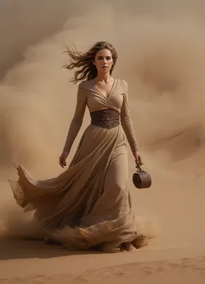 Modern colored pencil sketch {Queen of the desert winds, (a strong sandstorm:1.4), ((a witch emerges from the sandstorm)), the wind lifts the sand, swirls it around, she is majestically beautiful}. colored, contrast, tone, texture, details, stylish, elegant
