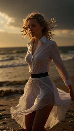 beach, professional photography, high quality, artistic, soft, romantic atmosphere, beautiful thin blonde woman secretary, wet, united white shirt, show panties, upskirt, storm, long skirt, stockings, (((windyskirtlift))), (((wind lifring skirt))), ((Wind)), (((strong wind))), hairy pussy, sunlight_str1, <lora:add-detail-xl:2>, <lora:sunlight_str1-SDXL_v1-dim64-steps1691:.8>, <lora:MJ52:.8>