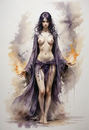 Dungeons&Dragons style, full body, a female elf wizard bare chested, silk cloak, blue long hair, blunt bangs, creating fireball between hands, magic sparks, small chest, nude, large hips, smooth pussy, Yoji Shinkawa, Luis Royo, fog volcano background, dark purple and deep yellow and light pink palette, Ink, ink, (ink-style, ink_wash_painting), <lora:InkWashpainting:.8>