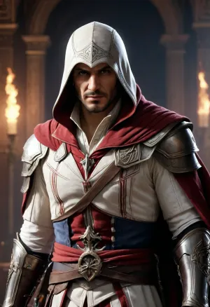 Ezio Auditore, very well defined insanely detailed ultra high quality, half body
