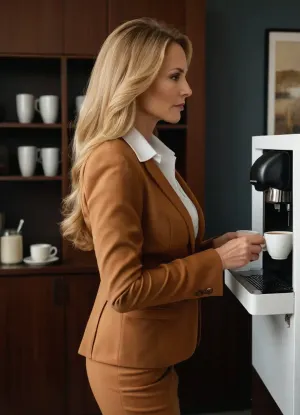 ((side view of intricate bending Russian woman), lady boss, (45 year old, milf, honey blonde:1.2)), slim narrow waist, wearing 2 piece milk chocolate business suit, pencil skirt, open blazer, white blouse visible, white blouse under the suit, stands by coffee machine preparing coffee, in a busy office, detailed face, long lush hair, very realistic, best quality, highly detailed, OverallDetail, undersized, bra, huge, breasts, skindentation, cleavage, underboob, sideboob, bursting, nipples, fakebreasts