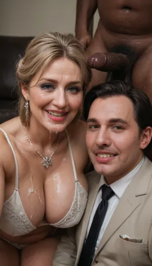 (realistic style), (cuckold scene:1.7), (high contrast), masterpiece, highest quality, ultra detailed, extreme high quality, 8k, uhd, RAW file, high quality textures, viewer is watching full scene, (man pointing at the cam), 1female, (british milf:1.3), smile, submissive, on her knees, 1male, (couch), old male, (spontaneous face expressions), pleasure, (elegant husband near watching:1.4), (dominant black male with hetero couple:1.3), naughty, slut, ruined makeup, tears, sagging tits, spit, (threads of saliva hanging from the mouth:1.1), grabbing, (looking to cam:1.2), (fat black man:1.4), (highly detailed eyes), open mouth, detailed beautiful cock, ass, tits, pussy, mature wife, embarrassed, shy, (sexy lingerie:1.4), (admiring cock:1.3), (anal sex:1.1), anal gape, realistic wet pussy, realistic lubricated arsehole, cum, facial, (realistic cum texture:1.2), (realistic spit texture), (1 hung african dominant male with erected cock:1.2), in a living room, soft shadows, night, soft light, all faces in frame, detailxl, expression, bukkake, photo, portrait, movie, still, film, cinematic, shot, lighting, macro, 35mm, green, eyes, blue, brown, close, up, teeth, braces, <lora:Expressions XL:.5>, <lora:MS_Real_XL_Bukkake:.4>, <lora:580159_training_data:.5>, <lora:real-humans-PublicPrompts:.8>, <lora:AdvancedEnhancerXLv2:.3>