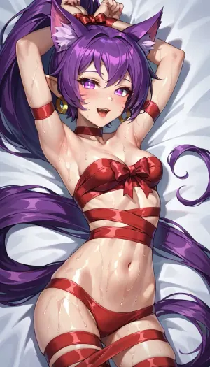 Shantae X Ahri fusion. Shantae fused with Ahri from league of Legends, Dark purple hair, ponytail, fox ears, fox tails, slender body, small breasts, glowing purple eyes, wrapped up like a present, seductive expression, laying seductively on bed, wet glistening body, arms bound in front by ribbon, back view, (((Glowing purple eyes:1.1))), (((seductive expression:1.5))), (((Wrapped up like a present:1.3))), mouth open