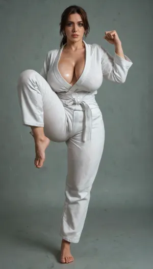 Model photo of chubby mature 40 yo woman, photography, (full body karate suit, black official karate belt, karate teacher), (one leg up high in karate pose), one tit out, seductive look, tight body, super huge breasts, saggy breasts, freckles on face, bleach brunette, wet tits, realistic face, ponytail, (large, breasts, big, boobs), sagging, flat, chest, breasts, huge, gigantic, small, hips, thighs, wide, thick, plump, supermodel, face, big, lips, <lora:sagging-000015:1>, <lora:Venus_Body_Alpha:.7>, <lora:Beautify-Supermodel-SDXL:.6>