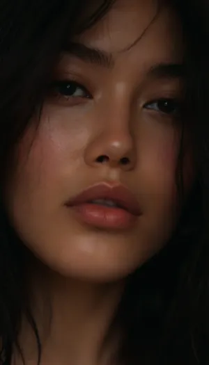 ziprealism, (sensual intimate esthetic, gorgeous Japanese woman, bashful pose:1.8), (f/2.8, shallow depth of field), (closeup shot, lips focus:1.2), (glossy black hair, dark full eyebrows:1.4), (loosely falling hair, loose hair obscuring face, loose hair hiding eye:1.8), (full lips, soft pillowed lips, moist glossy lips, natural skin texture, flawless skin:1.4), igbaddie, (dark scene, chiaroscuro, black background:1.6), <lora:style_lora_realis:.4>, <lora:igbaddie-XL:.4>, <lora:zavy-cntrst-sdxl:1.2>