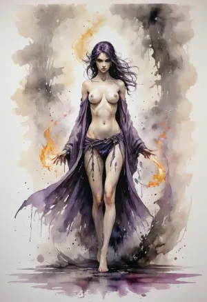 Dungeons&Dragons style, full body, a female elf wizard bare chested, silk cloak, blue long hair, blunt bangs, creating fireball, magic sparks, nude, large hips, smooth pussy, Yoji Shinkawa, Luis Royo, fog volcano background, dark purple and deep yellow and light pink palette, Ink, ink, (ink-style, ink_wash_painting), <lora:InkWashpainting:.8>