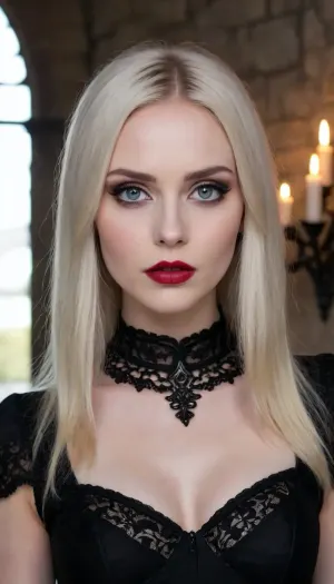 (An enrapturing portrait of a stunningly beautiful goth girl in a gothic castle), (silhouetted against a dark, stone wall backdrop:1.3), (focus on eyes, intense expression, unnerving, eerie, inescapable eye contact, demanding presence:1.5), (blond girl, blond hair, long, straight deathly white hair cascading over her shoulders, contrasting with her dark makeup), (soulless pale blue eyes, pale creamy porcelain skin, creamy skin texture, chiselled cheekbones, strong jawline, defined jawline, elegant neck, subtle vellus hairs), (goth makeup, smoky eye shadow, heavy mascara, winged eyeliner, long eyelashes, immaculate eyebrows, blood red lipstick, wet lip look), (naked girl), (gothic architecture in the background, stone walls, arched windows, wrought iron details, flickering candles in ornate candelabras), ZipRealism