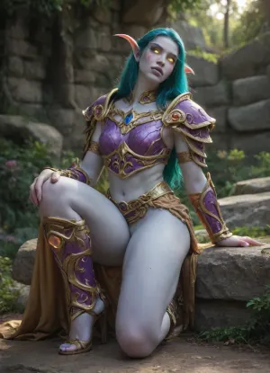 (Realistic Night elf woman, warcraft:1.1), (night elf armor, shoulder armor), huge cock, jeweled armor, (ornate lavender armor with golden trim:1.4), (sitting and stone thick wall), flagstone, (extremely long teal hair), (glowing eyes:1.45), blue eyes, (head tilt back, looking down:1.1), (ambient glow:1.2), ((long pointed ears, elongated eyebrows)), flat woman chest, (athletic physique:1.4), (pale blue skin:1.7), ((puffy lips)), (wet lips, shiny lips), (full lips:1.5), (elven face markings), dynamic pose, magical forest, at night, cool ambient lighting, dynamic lighting, huge thighs, (arched back), leather buckles, (full body:1.4)
