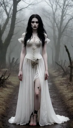 High contrast, supernatural ghost girl freshly out of her grave, alternative, goth, black very very long messy and ruffled dirty hair with tangles and twigs, pale dead looking white eyes, wide hips, shadowy figure, (skin painted pale white:1.7), seductive, imposing, mascara, black lips, mysterious presence, stunning long legs, large breasts, thin starved look, hands covered in soil as if she had just been diging with them, holding a bouquet of rotting flowers loosely at her side, ghostly girl, barefoot, dirty feet, diaphanous dress and corset spotted by streaks of fresh dark soil and torn in random places, ethereal, lost, unsettling, shambling through a misty graveyard at dusk in drizzling rain