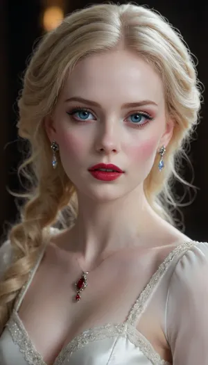 Barbie style, naked girl, Regal female countess, (pale porcelain skin:1.4), (long blond hair), (elegant fancy updo hairstyle), ruby-blue eyes, crimson lips, ruby jewelry, alluring yet dangerous, dark sapphic glamour, gothic, realistic, dramatic lighting., hkstyle, <lora:hkstyleV5:.8>