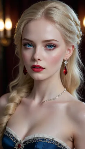 Barbie style, naked girl, Regal female countess, (pale porcelain skin:1.4), (long blond hair), (elegant fancy updo hairstyle), ruby-blue eyes, crimson lips, ruby jewelry, alluring yet dangerous, dark sapphic glamour, gothic, realistic, dramatic lighting., hkstyle, <lora:hkstyleV5:.8>