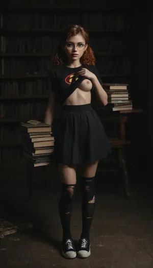 Violet Parr Incredibles, mandalyn, redhead, curly hair, wasp waist, skirt, black stockings, black sneakers, carrying a pile of books, round glasses, twin tails, ginger hair, clumsy, knees together, ripped stockings, spilled coffee on the ground, looking at viewer, embarrassed, (shirt lift:1.3), <lora:dark:.3>
