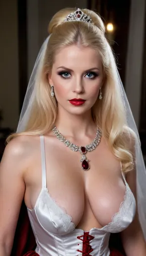 busty Barbie style, busty horny milf 40y.o., Regal female vampire countess, tall, (pale porcelain skin:1.1), (long blond hair), (elegant fancy updo hairstyle), beautiful eyes, crimson lips, big large areolas, velvet gown with corset, busty deeper cleavage, black cloak, ruby jewelry, inverted silver jewelry, alluring yet dangerous, dark sapphic glamour, gothic, realistic, dramatic lighting., sagging, tpsp, <lora:256210_training_data:1>, <lora:sagging-000015:.9>, <lora:Torpedo_Tits_Anime-GMR-000007:1.4>