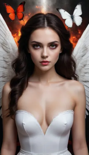 5000000010.289, A breathtaking digital illustration presents a stunning young woman divided into two halves. It showcases the angelic and demonic sides. On the left is an ethereal and innocent angelic portrait adorned with white wing and white butterflies. Opposite, on the right is a dark and menacing demonic face with fiery red eyes and a black wing with black bats. The overall aesthetic is cinematic and dramatic, with a high-contrast color palette emphasizing the duality of her character, cinematography, photography
