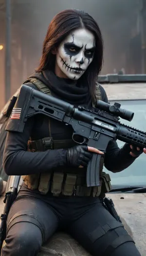 5000000010.299, a woman with a gun sitting in front of a car, inspired by Leng Mei, digital art, 4 k vertical wallpaper, domino mask, hyper realism scary, holding a sniper rifle, covered in dust, scary ghost, against the backdrop of an armored apocalypse car, airsoft cqb, hq 4k phone wallpaper, scary queen of death, but the armor covers her face, with rifle