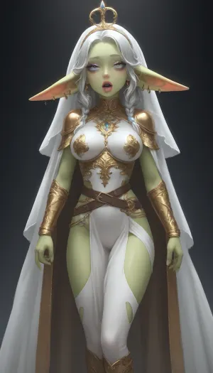(female darkgreen goblin slim small body, long goblin ears, mature goblin face, ahegao), solo, full lips, thick lips, huge chest circumference, slim.
Breastplate, A form-fitting breastplate made of polished silver with golden ornaments that run across the chest like sunbeams. The cut is fitted and slightly cut out at the décolleté – powerful and seductive. The shoulders are bare or feature small, curved shoulder plates shaped like angel wings.

Bottom, An asymmetrical skirt made of heavy fabric, short in the front and with a long, gold-trimmed veil at the back. Underneath, she wears tight-fitting armor panels or shimmering metallic leggings that accentuate her legs while providing protection.

Cape, A semi-transparent cloak made of white fabric with golden runes along the edges. It flutters with every movement and appears like a veil of light – mystical and majestic.

Accessories, A wide belt with a shining crystal in the center – a symbol of her connection to the light.

Leather and metal wrist guards with embedded blessing symbols.

A tiara or headband with a small lightstone – subtle and elegant.

Weapon, An elegant mace or an ornate sword with an aura of light that glows softly with every movement. Alternatively, a shield bearing the symbol of the Silver Hand, light and artfully designed.

Shoes, Tall white leather boots with gold buckles that reach the thighs – sturdy, sexy, and battle-ready.

Hair & Makeup, Shiny, loose hair or a braided braid with gold threads. Makeup with shimmering highlights, radiant eyes, and a touch of celestial glow – like a warrior born directly from the light.
View from waist down, Sensual, erotic, exaggeratedly swollen pussy, extreme pussy cameltoe