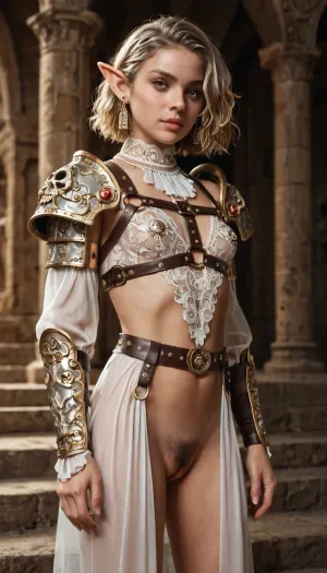 skinny female woman elf, 35 years, short blonde hair, light creole african skin, small breasts, hairy pussy, silver plate armor, (white transparent little clothes with gold embroidery), 3/4 body view, lot skulls, brown leather harness, dark temple