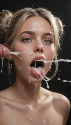 dark room, black background, 1man, 1blonde, jerking eachother of, eyes open, long white hair in buns, cum on her mouth, moaning, (ejaculation:1.8), (cumshot:1.5)