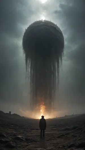 A lone figure stands at the edge of an infinite void, surrounded by fragments of memories and fading light. The sky is dark and endless, with no stars, but somewhere far away, a faint glow begins to form — not hope yet, just the first sign that something might come again. Dust-like particles float in the air, like remnants of a life once lived. The atmosphere is silent, heavy, and surreal — a moment between non-existence and rebirth