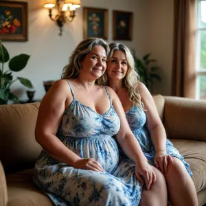 Raw picture, iPhone 15 pro photo, warm light, two mature obese ssbbw women, milf, 55 years old, looking at the camera, smiling, large boobs, light brunette hair with highlights, sitting on a couch in a living room, flashphoto, dark tanlines, touching her boobs with her hands, skin detailed with skin imperfections, (the woman on the left is wearing a long white colored with blue floral print sun dress), (the woman on the right side is wearing a sleeveless spaghetti strap dress), <lora:MJ52:.8>