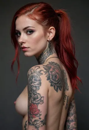 A close-up and evocative image portrays a woman with tattoos.
The composition focuses on the woman's body, emphasizing her physical features and tattoos. Lighting is strategically used to highlight the textures and contours of her skin and body, creating a sensual atmosphere. The woman appears as a young adult with red hair tied in two long braids and a toned physique, and is completely naked. Her pussy has some red hair, covered in intricate tattoos that extend across her body. She wears black Dr. Martens boots. Her skin has a natural sheen, reflecting the studio lighting. The image is a professional photographic portrait. The lighting, pose, and attention to the model's physique suggest that it is intended for an artistic or fashion aesthetic, completely nude from behind. The medium is photography, and the technical execution is high-quality, with meticulous attention to detail and lighting. The setting is reminiscent of a dark photography studio, with soft lighting that highlights the subject's figure and creates an evocative atmosphere. The background is intentionally blurred to draw the viewer's attention to the subject. Full-length shot.