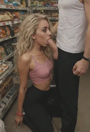 22yo beautiful petite russian woman with blonde hair, young face, 22yo face, very skinny, giving white man blowjob, grocery items are on shelves, bubble butt, 1man, 1girl, long hair, brown eyes, messy hair, black yoga pants, torn yoga pants, white sneakers, pink short tank top, tight tank top, visible breast, wearing colorful bracelets, makeup tears, ruined makeup, hair pulled, skinny legs, round ass, detailed ass, petite body, small body, ((dark skin:1.3)), covered in sweat, professional photograph, ultra detailed, at grocery store, from above, from side