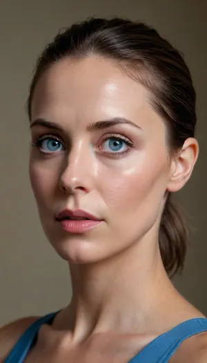 Masterpiece. High realism, excellent detail. 1 Woman, 40 years old. Elena. Short brown hair combed back and gathered in a short ponytail. Face high cheekbones, oval, wide, sharply outlined cheekbones, Large blue eyes, shadows under the eyes. Slightly sharp features. High smooth forehead. A small blush on the cheeks.