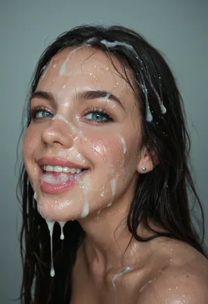 super close shot of bukkake, (viewed from side and above), happy open smile, hd detailed dark grey/green/blue coloured eyes and iris, ((straight long wet hair)), long runny thick cumshots, facial portrait picture of her face in cum facial, with natural minimal makeup, (looking at viewer), a lot of Cum on her face and between her perky saggy pointy small pert breasts, (huge perky puffy areola and long thick conical nipples), cum on her eyelashes, Cum on her eyelids, Cum on her cheeks, her face covered with Cum, Cum on her pink lips. cum on her hair, cum in mouth, (black haired styles, aged 37, older, 37yo), woman, cum, on, face, facialized, superfacialized, <lora:JustCum:1.1>, <lora:facialized:1.1>