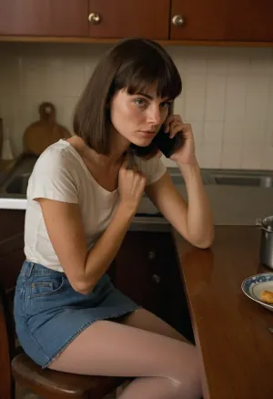 (ultra realistic, ultra detailed, best quality, high angle, side view), (1woman is speaking on her cell phone, intense expression, sitting at table in a small Soviet kitchen, she is looking at the cell phone), (mature woman, 45 years old, (dark hair, medium-length bob with bangs), Anna, (thin face, triangular face, narrow face), pointed nose, feint small amount of freckles across nose, thin lips, dark grey eyes, caucasian, (no makeup), (165 cm height, 45 kg weight, skinny body, (skinny:1.3)), wide thigh gap, skinny flat ass, skinny hips, slightly tanned skin, no tattoos, she is an accountant, her hobby is photography), (wearing short skinny denim skirt, shiny nude tights, long white T-shirt with a wide neckline, black platform)