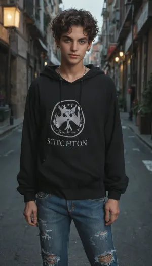 A slim Gen Z male with a cocky smirk, wearing an oversized ripped hoodie layered with a bold logo t-shirt, oversized flared jeans, and limited edition sneakers. A thin chain shines over his hoodie. He is holding an iPhone close to his face, the glowing screen clearly showing crypto candlestick charts. His posture is confident, as if the world owes him everything, but his eyes are tired with dark circles, showing sleepless nights in Telegram crypto chats. Streetwear fashion photography style, cinematic lighting, urban aesthetic., <lora:michael_cimino_v1_sdxl_2000_lora_f32:.8>