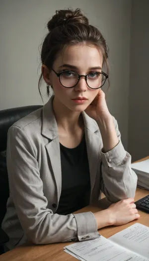 Lena, a young office employee, sitting at a desk. Tired eyes with slight dark circles, calm neutral expression. Thin glasses, loose dark jacket, hair tied in a simple knot. Office interior, soft muted colors, gentle lighting, lifelike drawing, detailed face, slightly weary but focused, quiet tidy background with office items, <lora:add-detail-xl:.8>