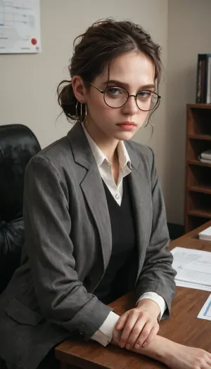 Lena, a young office employee, sitting at a desk. Tired eyes with slight dark circles, calm neutral expression. Thin glasses, loose dark jacket, hair tied in a simple knot. Office interior, soft muted ce, detailed face, slightly weary but focused, quiet tidy background with office items., <lora:add-detail-xl:.8>