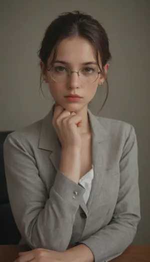 Lena, a young office employee, sitting at a desk. Tired eyes with slight dark circles, calm neutral expression. Thin glasses, loose dark jacket, hair tied in a simple knot. Office interior, soft muted colors, gentle lighting, lifelike drawing, detailed face, slightly weary but focused, quiet tidy background with office items, <lora:add-detail-xl:.8>