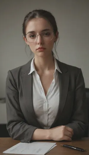 Lena, a young office employee, sitting at a desk. Tired eyes with slight dark circles, calm neutral expression. Thin glasses, loose dark jacket, hair tied in a simple knot. Office interior, soft muted colors, gentle lighting, lifelike drawing, detailed face, slightly weary but focused, quiet tidy background with office items, <lora:add-detail-xl:.8>