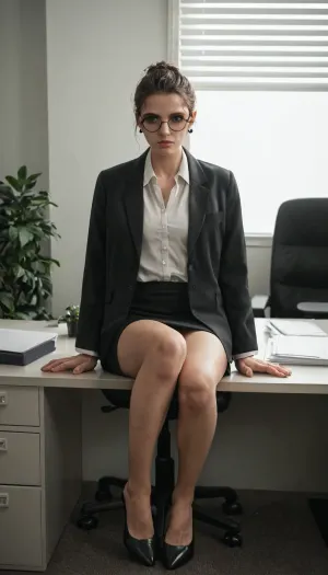 full body, Lena, a young office employee, sitting at a desk. Tired eyes with slight dark circles, calm neutral expression. Thin glasses, loose dark jacket, hair tied in a simple knot. Office interior, soft muted colors, gentle lighting, lifelike drawing, detailed face, slightly weary but focused, quiet tidy background with office items, <lora:add-detail-xl:.8>, NEGATIVE_HANDS