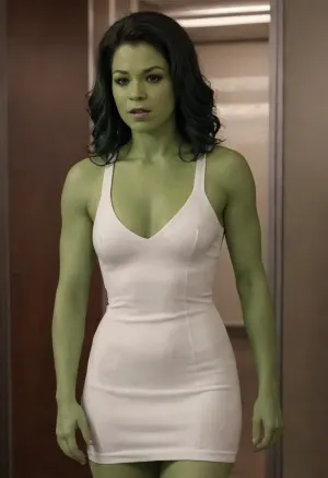 Tatiana maslany as she-hulk, (tight short skimpy white dress:1.5), (green skin:1.5), clothed nipples, she-hulk, jennifer, walters, <lora:She_Hulk-000006:.8>